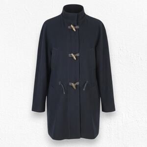 90s Vintage Black Wool Blend Toggle Closure Leather Trim Overcoat Size Medium